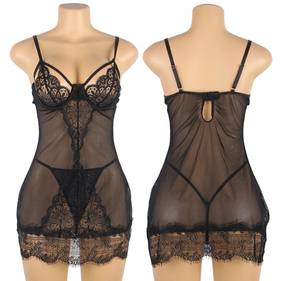 COPY - Sexy Black Soft Eyelash Lace Sheer Babydoll Set - Picture 7 of 8